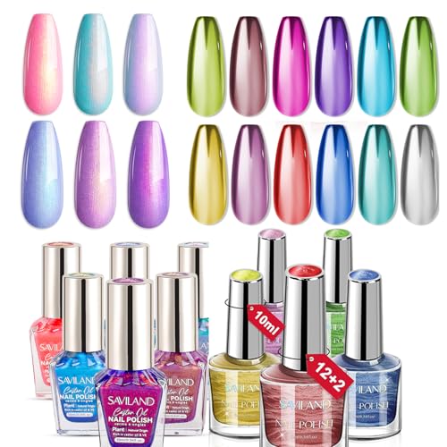 SAVILAND Fingernail Polish Set Quick Dry: 18 Color Pearl Nail Polish Set and Metallic Regular Nail Polish Kit with Base-Top Polish for Toe Nail DIY Home