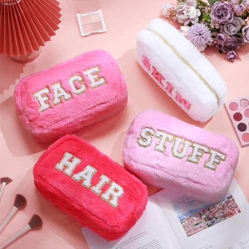 Paterr 4 Pieces Preppy Makeup Bag Chenille Letter Faux Fur Fluffy Bag Preppy Stuff Face Skin Hair Stuff Cute Toiletry Cosmetic Travel Bags Pouch with Zipper for Girls Women(Pink)