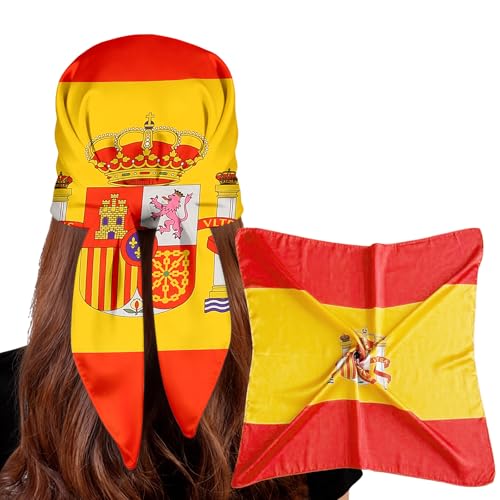 YINECO 27.5-inch Square Flag Bandana Head Scarf for Women - Red & Yellow Spain, Imitation Chiffon Silk Hair Neck Accessory
