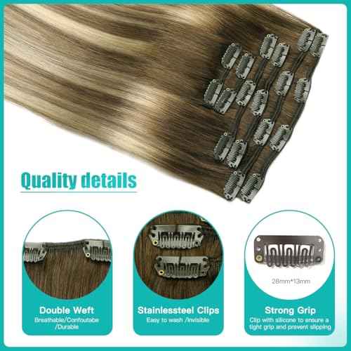 SURNEL Clip in Extensions Human Hair Balayage Walnut Brown to Ash Brown and Golden Blonde Hair Extensions Real Human Hair Clip ins 22 Inch 6pcs 120g(#3/8/22,22'')
