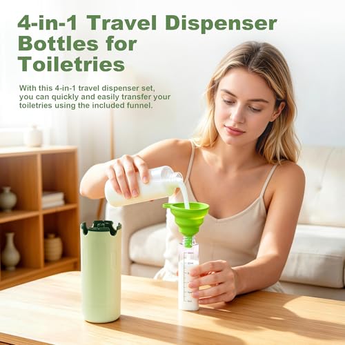 4-in-1 Travel Dispenser Bottles Set – Leak-Proof Refillable Toiletry Containers with Labels for Shampoo, Conditioner, Lotion, Creams – TSA Approved, Green