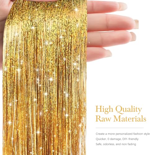 Hair Tinsel 8 Packs 1600 Strands 50 Inch Gold Glitter Extensions