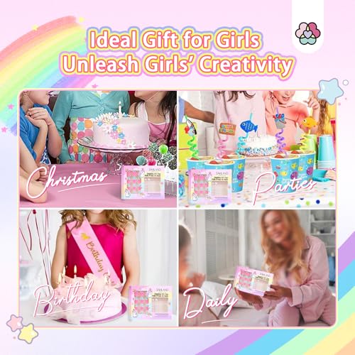 SAVILAND Kids Press On Nails 6 Pack with 3D Stickers - Pre-Glue Full Cover Short Acrylic Tips (Pink Purple Yellow Blue)