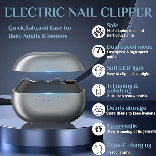 Electric Nail Clipper for Seniors & Kids, 2-Speed with LED Light