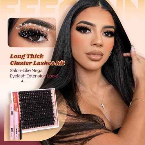 Fluffy Lash Clusters Kit Dramatic 270D Cluster Eyelash Extensions Kit 14-24mm Long Eyelash Clusters Kit Thick Volume Individual Lashes Bond and Seal Remover Tweezers Mega Lash Extension Kit by Eefofnn