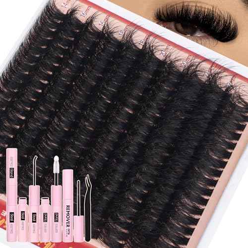 Fluffy Lash Clusters Kit Dramatic 270D Cluster Eyelash Extensions Kit 14-24mm Long Eyelash Clusters Kit Thick Volume Individual Lashes Bond and Seal Remover Tweezers Mega Lash Extension Kit by Eefofnn
