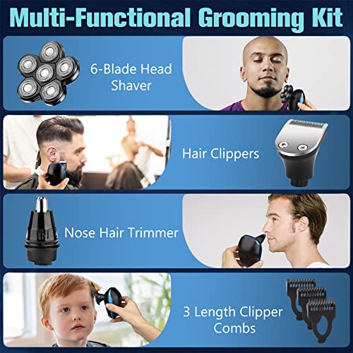 Head Shaver for Bald Men, 6-in-1 Electric Shaver for Bald Head 6D Wet/Dry Waterproof Mens Electric Razor Head Shavers with Grooming Kit Cordless Rechargeable Face Head Shaving Rotary Shavers Blue