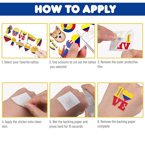 100PCs Colombia Temporary Tattoos Colombia Independence Birthday Party Decorations Favors Supplies Flag Themed Cute Stickers 10 Sheets Gifts for Baby Kids Girls Boys Class School Carnival Christmas