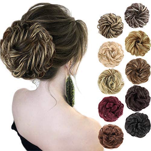 MORICA 1PCS Messy Hair Bun Hair Scrunchies Extension Curly Wavy Messy Synthetic Chignon for Women (Dark Brown & Ash Blonde)