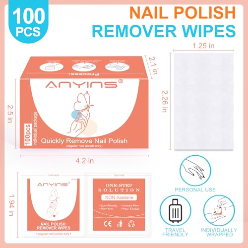 ANYINS 100-Pack Acetone-Free Nail Polish Remover Pads - Travel Wipes