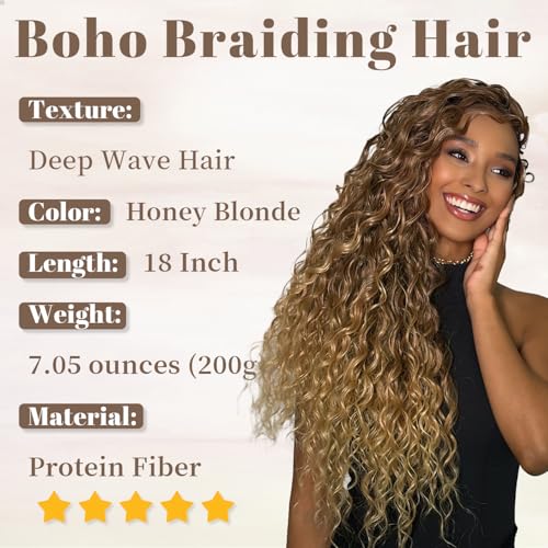 Biifoum Deep Wave Water Bulk Braiding Hair 18in Honey Blonde 2 Bundles, 200g