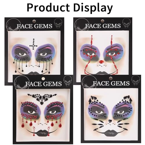 4 Pack Halloween Face Gems Jewels Stickers Spider Web Black Red