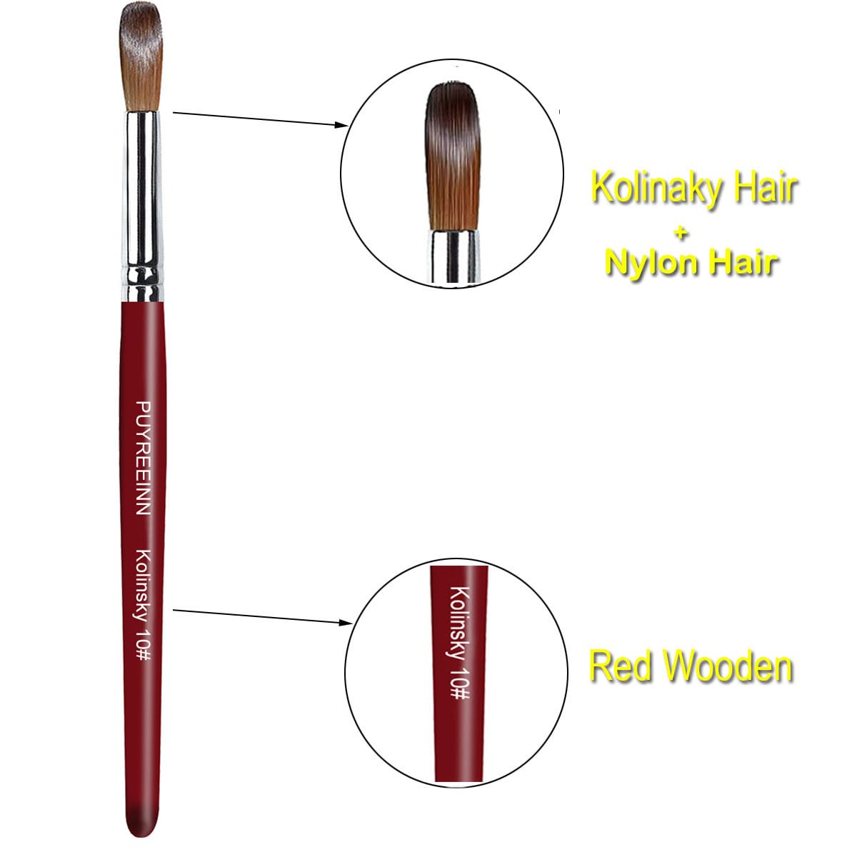 PUYREEINN Acrylic Nail Brush with Kolinsky Sable Hair and Red Wooden Hand, Round Professional Gel Brush for Acrylic Power and Nail Extension Size 8,10,12 (Size8 and Size12)