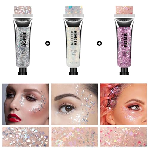 Face Glitter Gel, Hair Shimmer with Sticky Gel, Glitter for Hair DIY and Nails, Cosmetic Shimmer for Festivals Concerts and Parties #Pink