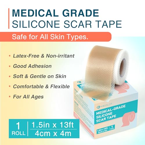 MEDLOT Silicone Scar Sheets, 1.5” x 156” Medical Silicone Scar Tape Roll, Reusable Scar Strips for Surgical, C-Section, Keloid Bump, Stretch Marks, Acne, Hypertrophic Scar Treatment