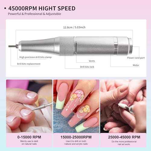Electric Nail File for Acrylic Nail Kit, 45000RPM Electric Nail Drill Professional Manicure Pedicure Set with Nail Drill Kit Bits, Efile Cordless for Manicure