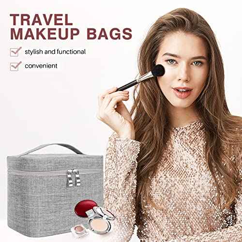 Large Makeup Bag Travel Makeup Cosmetic Bag Case Organizer Makeup Pouch with Mesh Bag Makeup Brush Holder Bag Toiletry Bags for Women - Grey