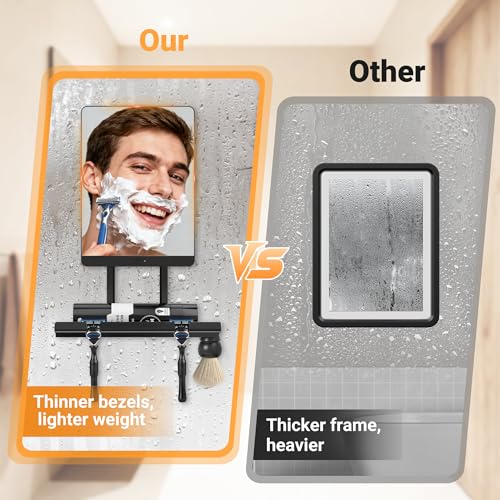 Heated Fogless Shower Mirror for Shaving, 5000mAh Long-Lasting Anti-Fog Shower Mirror with 360¡Æ Rotating Design & Razor Holder, Fog-Free Shaving Mirror for Men (Black)