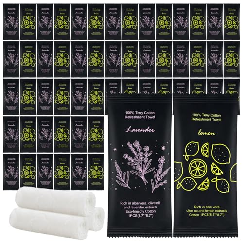 Twoworld Lavender & Lemon Moist Cotton Towelettes - 100 Pack, Individually Wrapped, Hot & Cold Use
