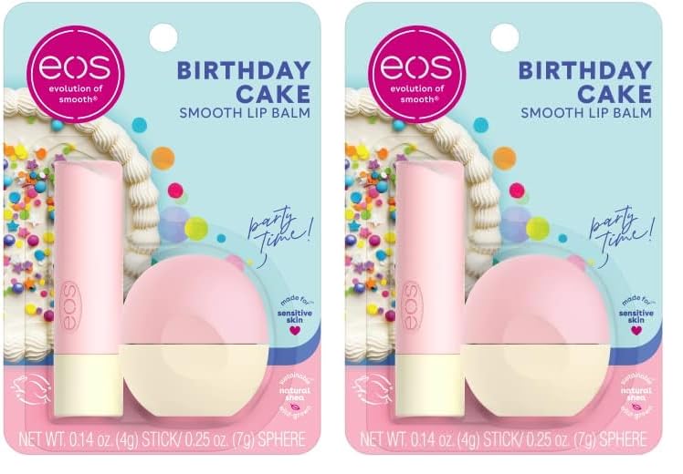 eos Natural Shea Lip Balm- Birthday Cake, All-Day Moisture Lip Care Products, 0.39 oz (Pack of 2)