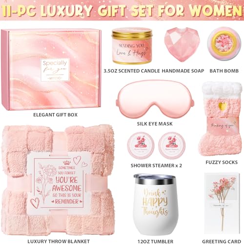Mothers Day Birthday Gifts for Women, Self Care Get Well Soon Gift Baskets for Women, Rose Relaxing Spa Gifts Care Package with Blanket, Unique Easter Gift Baskets for Mom Her Girlfriend Friend Sister