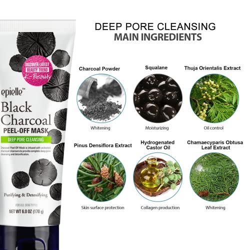 Epielle Black Charcoal Peel Off Face Mask | Deep Pore Cleansing with Activated Charcoal | Detoxifying and Purifying Blackhead Remover Mask | 6.0 fl oz | 2 Bulk Pack