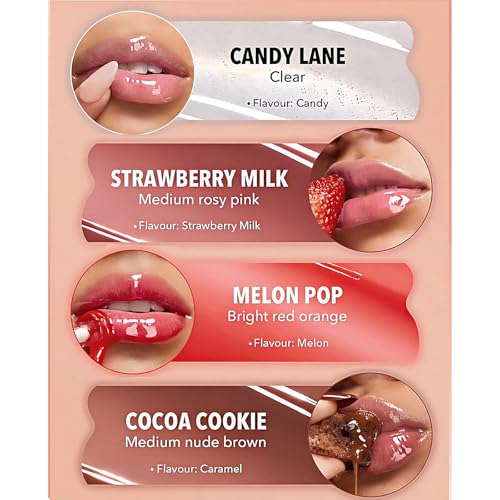 4 Colors Hydrating Jelly Lip Gloss, Moisturizing Tinted Lip Balm, Long Lasting Waterproof Non-Stick Cup Lip Glaze Set, High Shine Mirror Liquid Lipsticks Brighten Plumping Lipstick