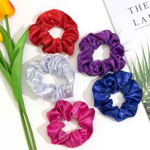 24 PCS Shiny Metallic Hair Scrunchies Bulk, Cheer Scrunchies Hair Accessories Cheerleading Hair Ties Elastics for Women Cheerleading Teams (Silver)