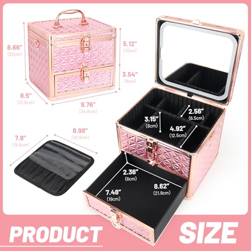 Makeup Case with Drawer, Travel Makeup Train Case with Magnetic LED Mirror, Cosmetic Organizer with Adjustable Divider - Sparkling Pink