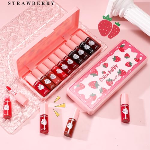 10 Pcs Lip Tint Set Cute Glossy Lip Stains and Matte Lipsticks with Long-lasting and Quick-drying Mini Lip Gloss Lipstick for Makeup Gift (Strawberry, Lip Gloss)