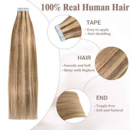Tape in Hair Extensions Human Hair, 16 Inch Chestnut Brown/Golden Blonde Remy Human Hair for Women Skin Weft 20pcs 50g/pack Invisible Tape in Hair Extensions (#P6/22, 16 Inch)