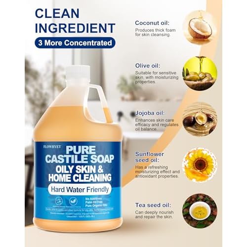 Pure Castile Soap Liquid Unscented 1 Gallon(128 fl oz) Refill, Organic Body Wash Bath Soap Castile Liquid,Hard Water Oily Skin Friendly for Body, Face, Hand, Multi-Purpose Home Cleaner