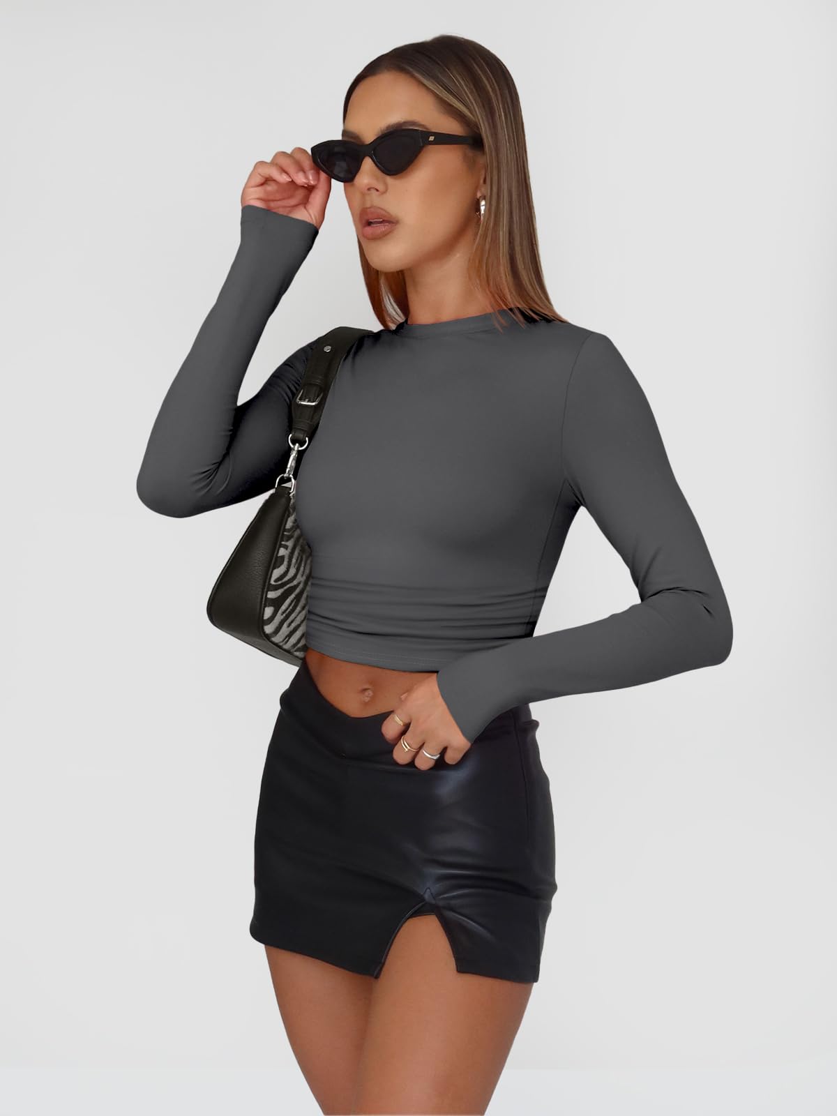 Trendy Queen Womens Long Sleeve Shirts Basic Spring Crop Tops Tees Tight Slim Fit Cute Going Out Outfits Teen Girls Fall Winter Y2k Clothes 2024 Gray XS