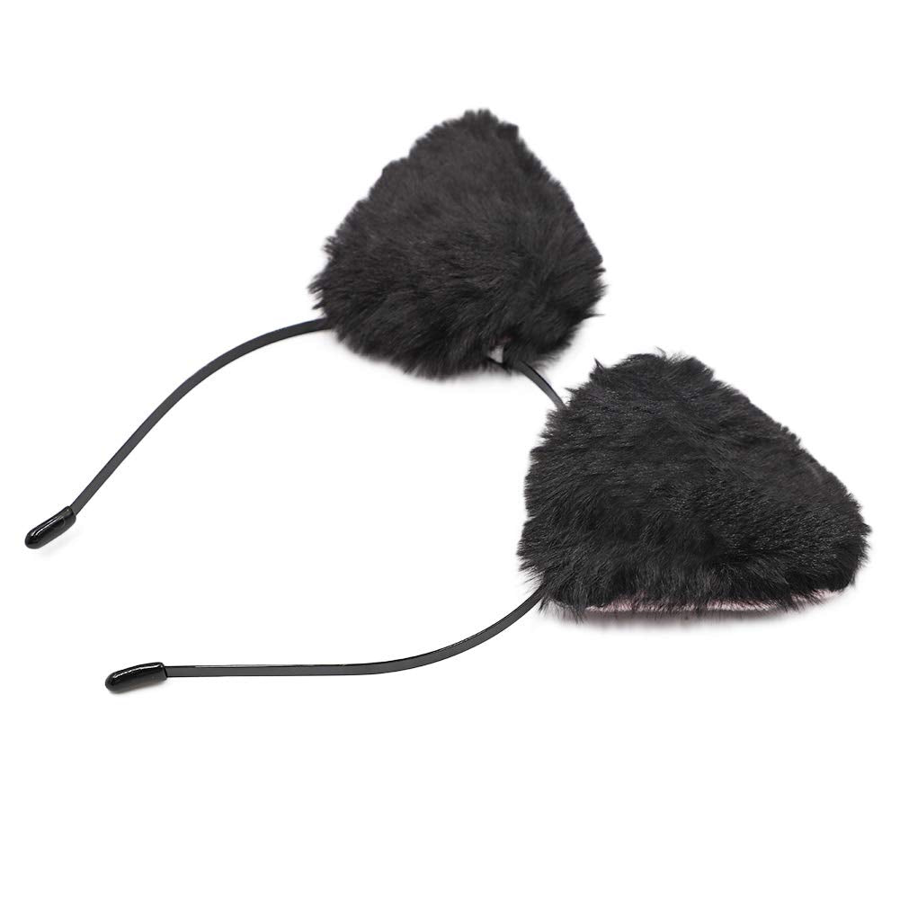 BAOBAO Women Girl Cat Fox Long Fur Ears Headband Party Cosplay Costume Hairband (Black&Pink)