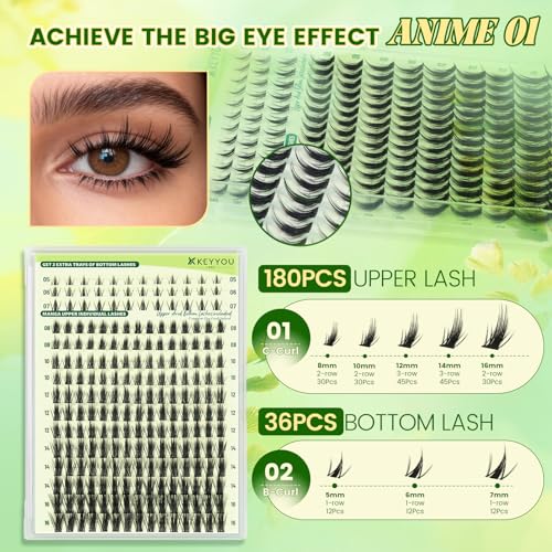 Anime Lash Clusters DIY Extension Kit, 216Pcs Waterproof