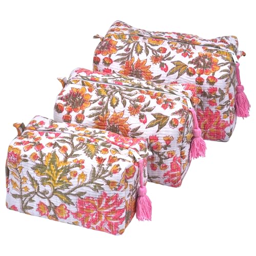 Quilted Floral Block Print Makeup Bag Set of 3 ? Cotton Travel Toiletry and Makeup Organizer, Cosmetic Pouch, Toiletry Bag for Women, Cute Boho Coquette Make Up Bags for Women (Small, Medium, Large)