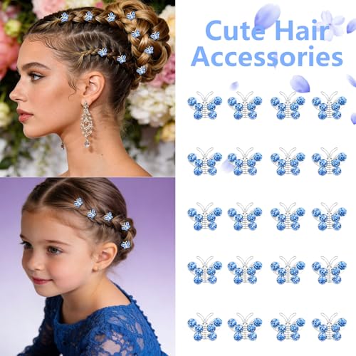 Blue Crystal Butterfly Hair Clips - 20 Pcs Rhinestone Barrettes