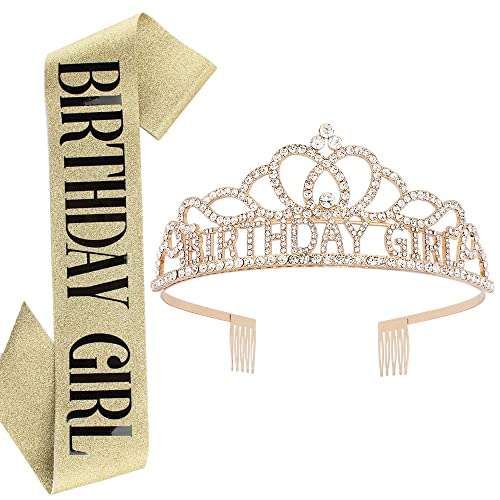 AOPRIE Gold Birthday Crown and Sash for Women, Rhinestone Tiara Headband, Princess Party Accessories