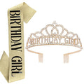 AOPRIE Gold Birthday Crown and Sash for Women, Rhinestone Tiara Headband, Princess Party Accessories