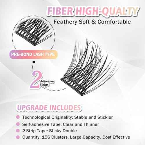 Self Adhesive Eyelashes, 156 Pcs Self Adhesive Eyelash Clusters, No Glue Needed, Invisible 2-Strip Tape - Longer Lasting, No Sticky Residue Pre Glued Eyelashes (Volume-Mixed)