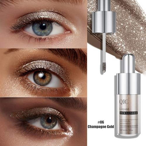 QIC Liquid Glitter Eyeshadow, Metallic & Shimmer Finish, Long Lasting, Non-Creasing, Smudge-proof, Lightweight Formula Liquid Eyeshadow for All Skin Tones, Buildable Color (06 Champagne Gold)
