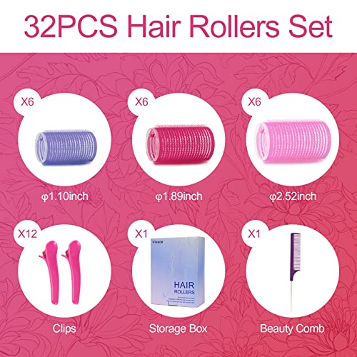 31PCS Heatless Hair Rollers Set, Self Grip Curlers for Long, Medium & Short Hair, 3 Sizes of Large Velcro Rollers in Purple, Rose Red & Pink