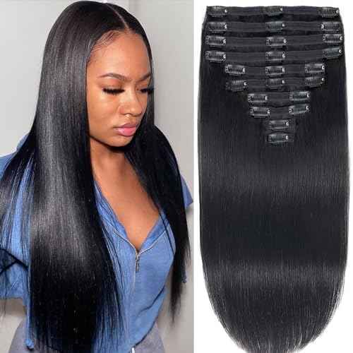CanaryFly Straight Clip in Hair Extensions Real Human Hair,10Pcs 100% Unprocessed Full Head Brazilian Virgin Human Hair Clip ins for Women,Natural Silk Human Hair 150g 14inch #1B Natural Black