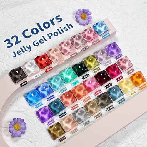 JODSONE 32 Colors Jelly Gel Nail Polish Kit with U V Light Crystal Transparent Classic Color 4 Functional Gel for All Seasons
