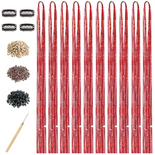 Red Hair Tinsel Kit - 4000 Strands, 48 Inch Glitter Extensions