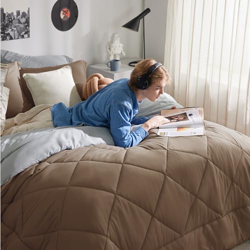 Bedsure Brown Twin Comforter Set - 5 Pieces Reversible Twin Bed in a Bag, Extra Long Twin Bed Set Brown and Grey with Comforters, Sheets, Pillowcase & Sham