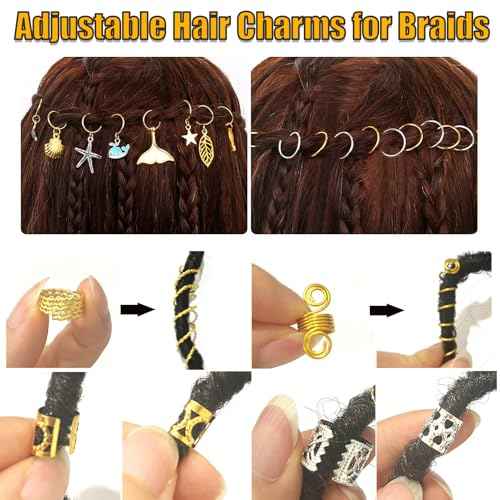 Coriario 292 Pcs Gold Silver Hair Jewelry for Braids Hair Charms Accessories Loc Jewelry Rings Cuffs Pendants Decorations for Women Men Braids Locs Dread