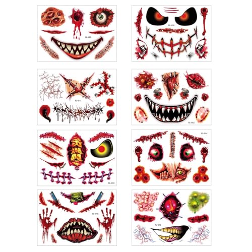 8PCS Fake Scars Tattoo Temporary Halloween Makeup Kit for Adult Women Men Zombie Sticker Scary Prank Fake Stitches Horror Evil Smile for Women Cosplay Party