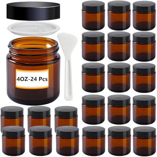 4oz Amber Glass Jars with Lids, 24 Pack