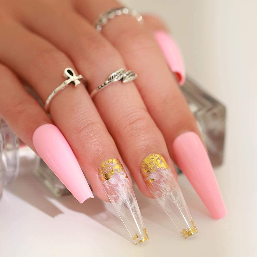 Outyua Smoke Pattern Fake Nails Pink Coffin Extra Long Press on Nails with Designs Glossy Ballerina Acrylic False Nails Stick on Artificial Nails 24Pcs (Pink)